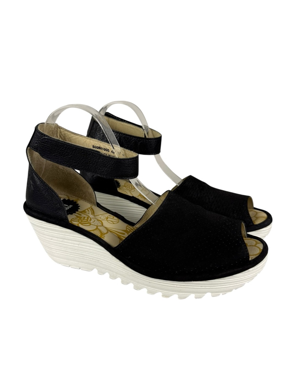 Fly London Yake Perforated Leather Wedge Ankle Strap Sandals Sz 43